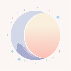 A exquisite vector illustration of a pastel dreamy moon, glowing in soft peach, lilac, and pale blue with subtle star accents and smooth gradients, perfect for inspirational wall art.
