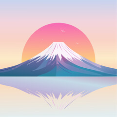 A highly detailed vector illustration of Mount Fuji at sunrise, with a soft pastel sky in pinks, lavenders, and pale yellows, featuring gentle gradients and a serene reflection, perfect for travel pos