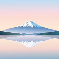 Fototapeta premium A highly detailed vector illustration of Mount Fuji at sunrise, with a soft pastel sky in pinks, lavenders, and pale yellows, featuring gentle gradients and a serene reflection, perfect for travel pos