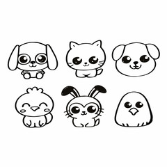Obraz premium A collection of adorable hand drawn cartoon animal illustrations featuring a playful puppy a cute kitten a fluffy bunny and charming baby chicks perfect for children s designs and creative projects