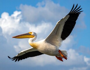 Pelican soaring through a bright blue sky