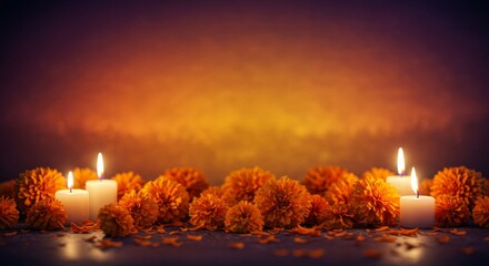 D&iacute;a de los Muertos altar banner background, candles and marigolds on glowing gradient 