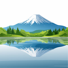 A polished vector illustration of Mount Fuji reflected in a lake, with deep blue waters and a rich green forest in a natural color palette with detailed ripples, suitable for nature documentaries.
