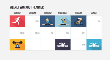 Flat lay of a weekly workout planner infographic showing various fitness activities; colorful, minimalist design against a white background.