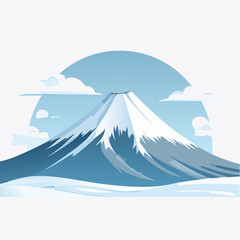 A meticulous vector illustration of Mount Fuji with a heavy snowcap, depicted in crisp white and gray tones with subtle snow details and a cold blue sky, perfect for winter tourism ads.
