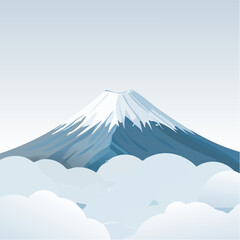 A meticulous vector illustration of Mount Fuji with a heavy snowcap, depicted in crisp white and gray tones with subtle snow details and a cold blue sky, perfect for winter tourism ads.

