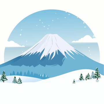 A meticulous vector illustration of Mount Fuji with a heavy snowcap, depicted in crisp white and gray tones with subtle snow details and a cold blue sky, perfect for winter tourism ads.
