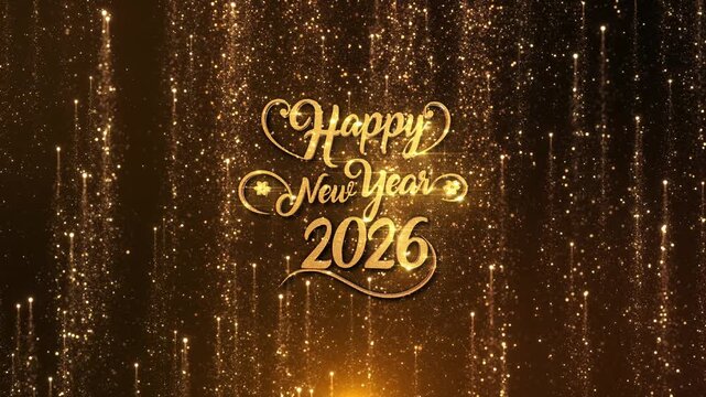 Happy new year 2026 countdown golden shine light text animation cinematic title background. Luxury festive sparkle celebrate event, winter Christmas. greeting card Event, end of year celebrations 3D