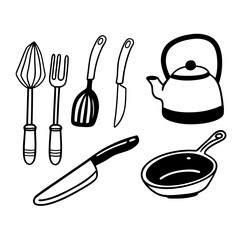 A collection of hand drawn kitchen utensils including a citrus juicer fork spatula two knives a kettle and a frying pan all in a simple black and white doodle style on a white background