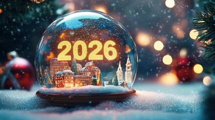 A festive snow globe with the year two thousand twenty six inside and christmas decorations around it
