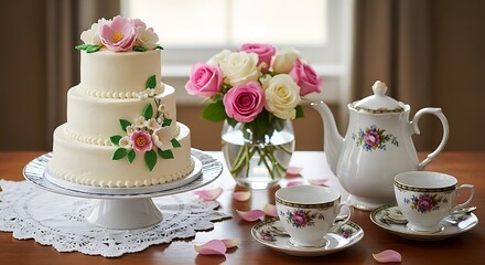 A three-tiered cake adorned with delicate floral decorations sits on a white cake stand, accompanied by a tea set and a bouquet of roses, creating a charming and elegant scene.