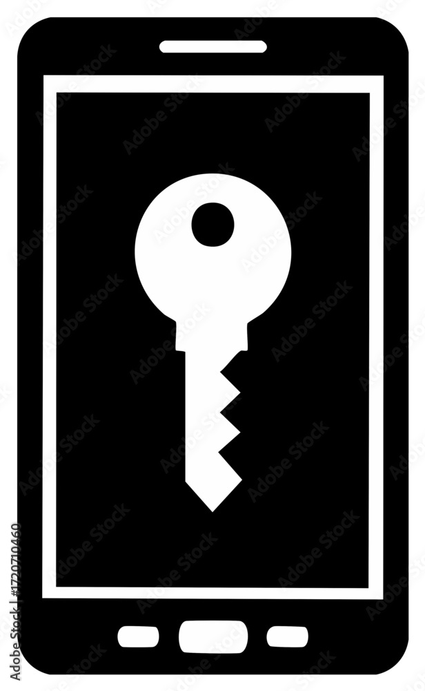 Poster smartphone security icon showing key to unlock mobile access and encryption