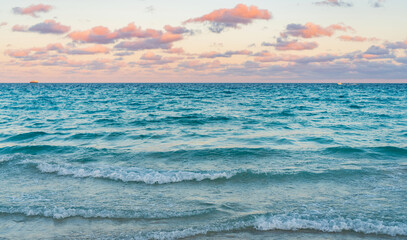 Romantic summer vacation on sunset seascape. Sea sunset on ocean. Sunset seascape at summer...