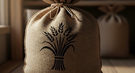 A rustic burlap sack filled with grain, featuring a black wheat sheaf print, tied at the top with string.