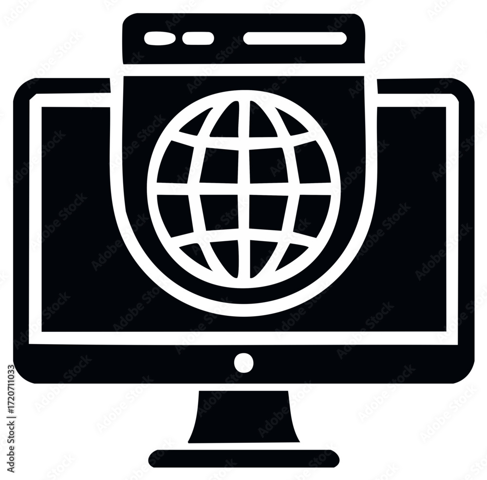 Poster computer screen displaying globe icon for internet browser, connectivity and communication