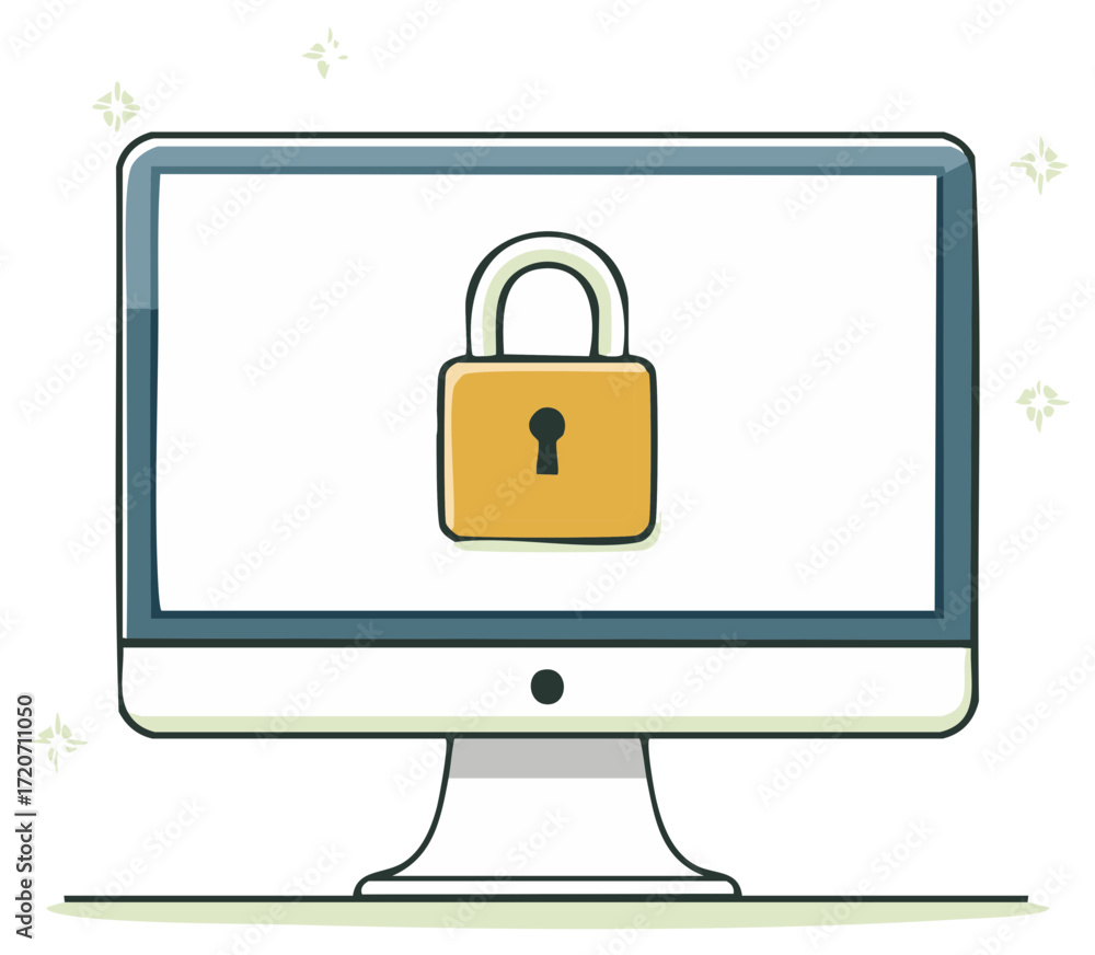 Aufkleber illustration of a computer monitor displaying a locked padlock icon for digital security and data pr