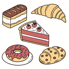 A delightful collection of hand drawn baked goods including a slice of cake a croissant a donut a cookie and a loaf of bread perfect for food related designs