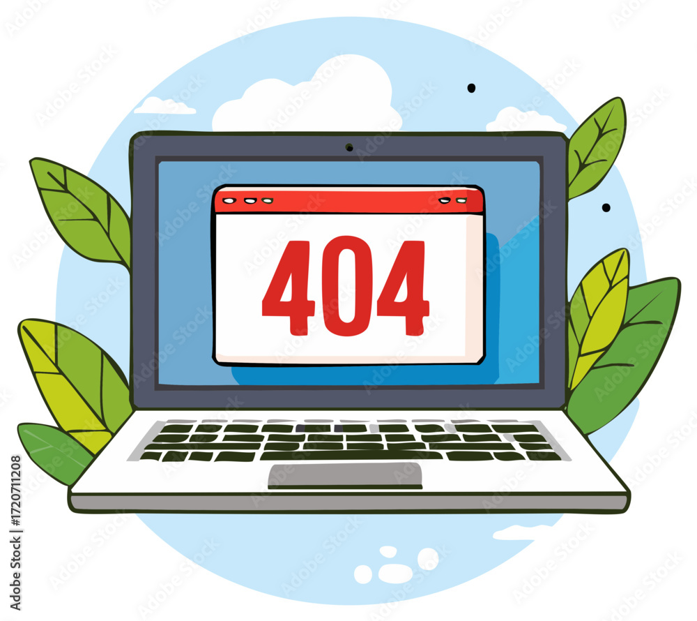 Poster illustration of a laptop displaying an error message surrounded by foliage