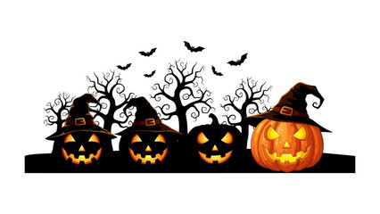 Spooky Halloween Night: A captivating depiction of Halloween featuring illuminated jack-o'-lanterns and ominous trees, evokes the thrilling spirit of the holiday.