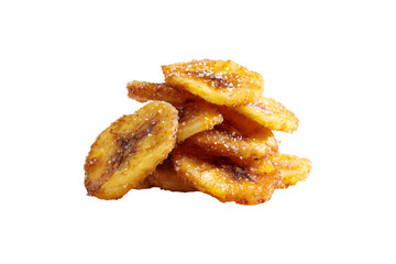 Crunchy fried banana chips with a dusting of sugar isolated on transparent background
