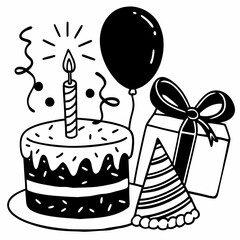 A festive black and white illustration featuring a birthday cake with a lit candle a balloon a wrapped gift and a party hat perfect for celebrating special occasions and creating joyful designs