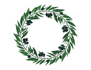 Circle frame of olive branches and olives