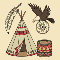 A stylized illustration featuring a native american teepee a prominent eagle perched on a dreamcatcher a decorative drum and a single feather against a soft beige background