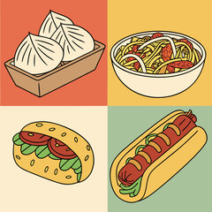 A vibrant collage of four distinct food illustrations featuring steamed dumplings a colorful pasta dish a fresh vegetable sandwich and a classic hot dog presented on a solid color background