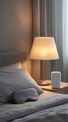 Vertical sleep hygiene setup dim lamp eye mask white pillow cozy bedroom nightstand relaxation