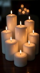 A collection of elegant white pillar candles, various sizes, arranged on a dark surface, emitting warm golden light.