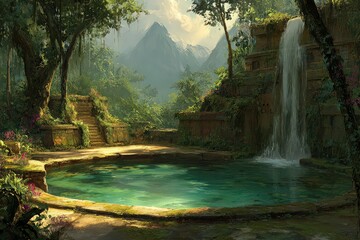 Lush Green Jungle Landscape with Waterfall and Ancient Ruins