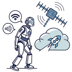 A white and blue robot stands on a white background with icons representing communication and technology including a satellite a cloud with a rocket and speech bubbles with wifi and sound symbols
