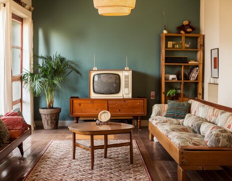 Sala retro vintage con televisor antiguo, muebles de madera de mediados de siglo, decoraci&oacute;n nost&aacute;lgica estilo a&ntilde;os 60 y 70, dise&ntilde;o interior acogedor con sof&aacute; estampado y mesa de centro cl&aacute;sica