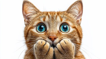 Playful ginger cat with paws covering its mouth, studio shot on white background