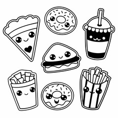 Adorable kawaii style black and white line art illustrations of delicious fast food treats including a slice of pie a donut a burger a drink and french fries perfect for stickers and decorations