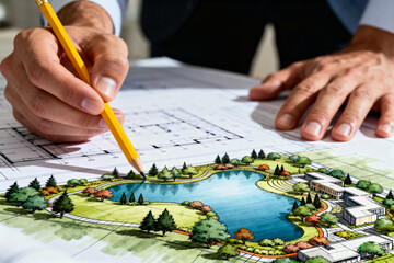 landscape designer reviewing blueprint with pencil, architectural and tree patterns visible, focused on creative planning and detailed design process.Generated by AI