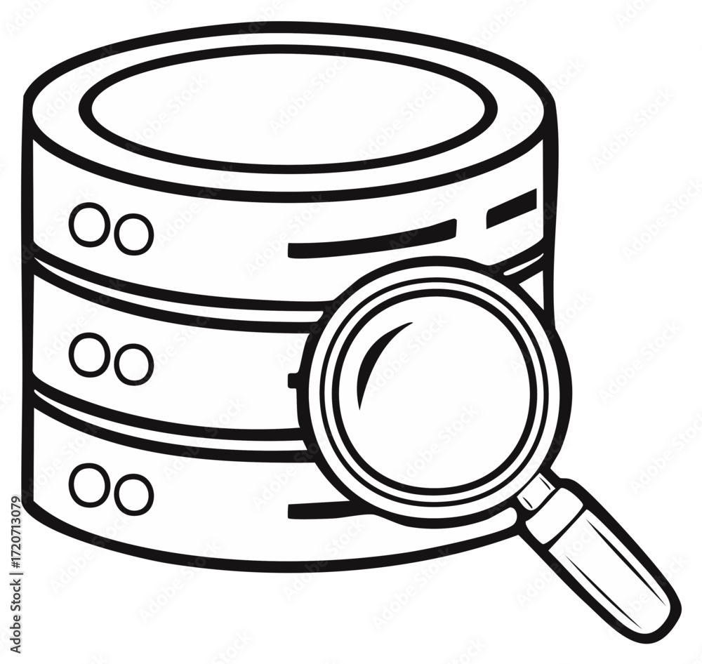Poster database query and data analysis concept with magnifying glass line art icon