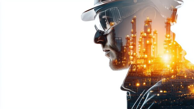 A double exposure image featuring an engineer with an industrial landscape, symbolizing modern technology and innovation.
