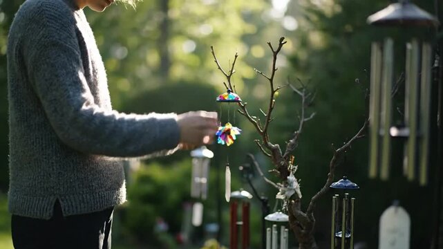 Woman holding colorful wind chimes near a bare tree branch with various windcatchers in a garden on a sunny day.