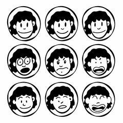 Collection of nine simple black and white cartoon faces in circles showing various emotions like happiness surprise anger sadness and winking for graphic design