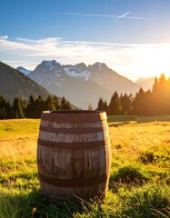 Obraz premium Wooden barrel on a hillside at sunset
