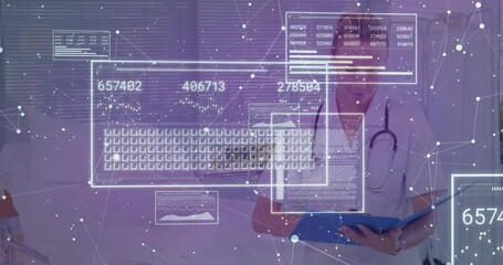 Doctor checking folder in exam room as network overlay showing panels updating metrics for analysis - Powered by Adobe