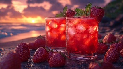 Sunset Strawberry Cocktails on Beach