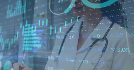 Female doctor analyzing clinic finance writing on clipboard while graphs shift before bold smile - Powered by Adobe
