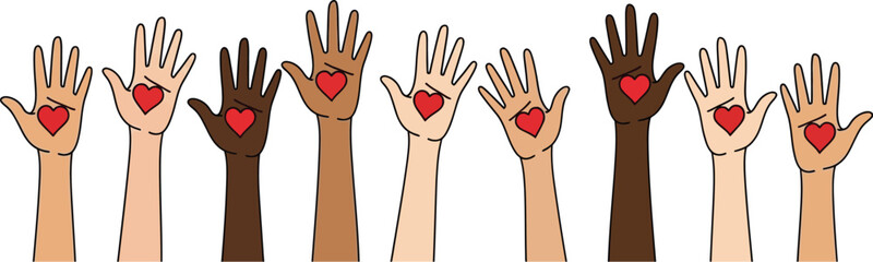 Fototapeta premium Diverse hands with hearts unity and love illustration concept
