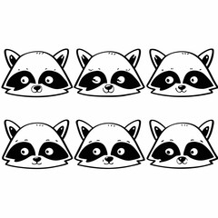 Six adorable cartoon raccoon faces with different expressions and emotions depicted in a simple black and white line art style isolated on a white background perfect for design