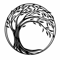 Stylized black and white circular tree of life silhouette with flowing branches and leaves creating a sense of organic movement and natural beauty within a defined circular frame
