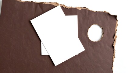 Blank cards atop torn brown paper