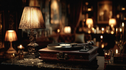 Vintage turntable spinning vinyl record in dimly lit room, warm nostalgic ambiance, classical music, elegant decor, cozy atmosphere