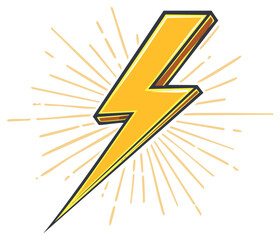 Stylized Yellow Lightning Bolt Illustration with Rays, Bright Graphic Design Element for Posters or Visual Communication